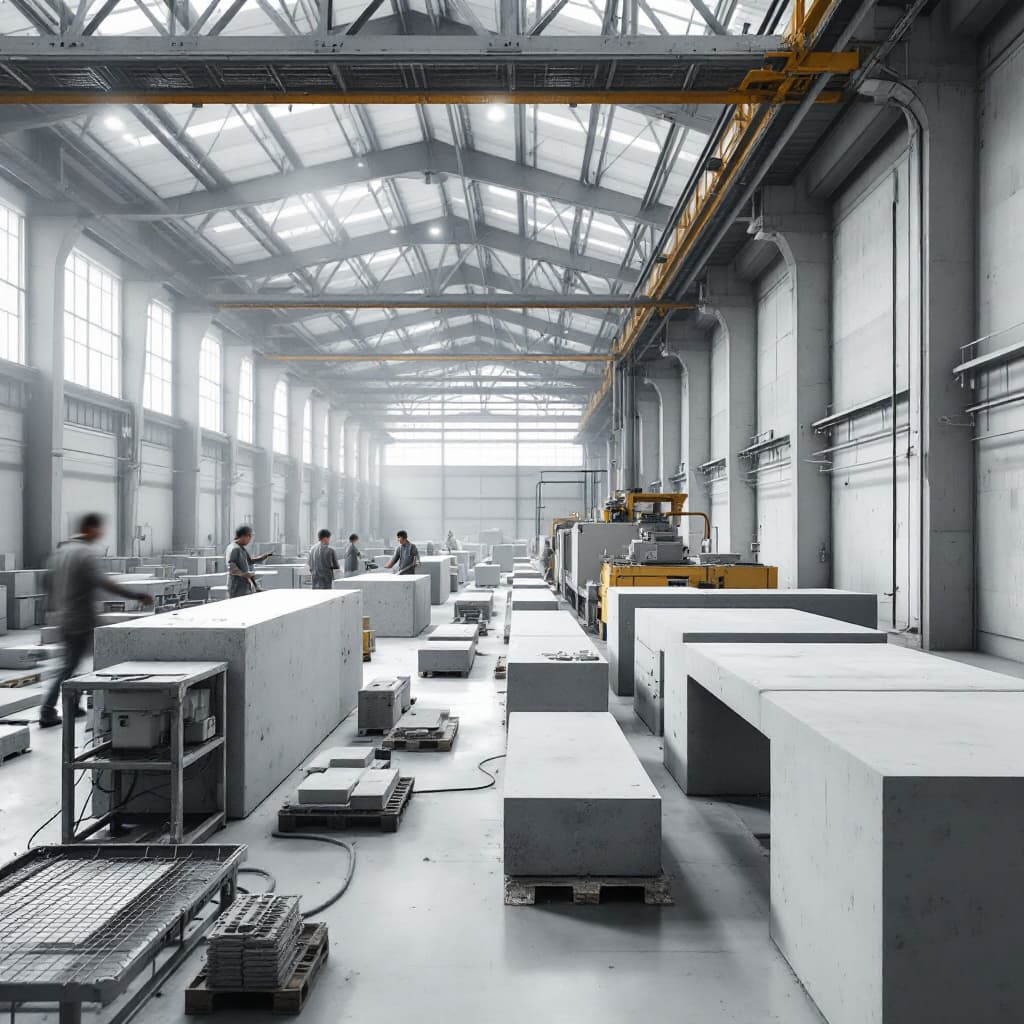 AI generated: Close-up view of a production hall interior with machines manufacturing precast concrete elements fr...