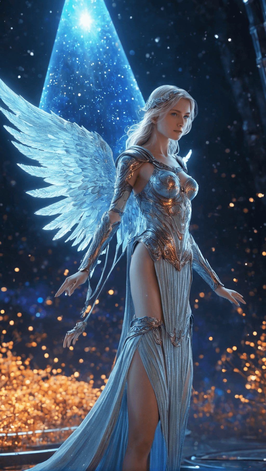 AI generated: Full body, Small (Ultra-detailed angel in a spaceship) highly detailed incorporeal fairy made of lig...