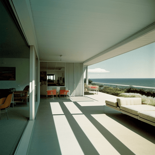 AI generated: Hyper realistic eye level exterior photo of a mid century modern style house overlooking the ocean, ...