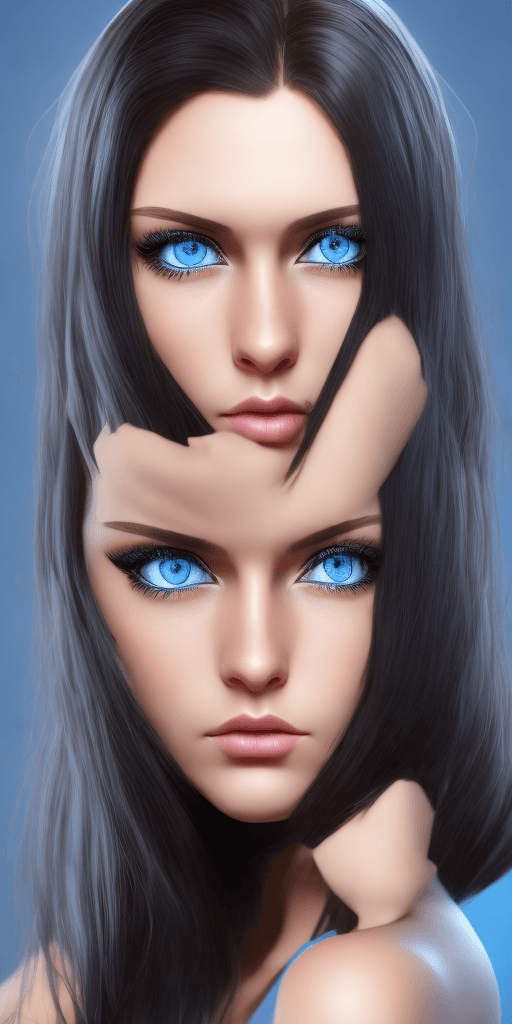 AI generated: Brunette WOMAN BLUE EYES, Black hair, dark background, 3D, 8K
