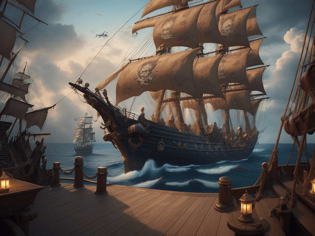 AI generated: deck of a pirate ship, 3 d illustration, sharp, intricate, poster, pirate ship at background, photo,...