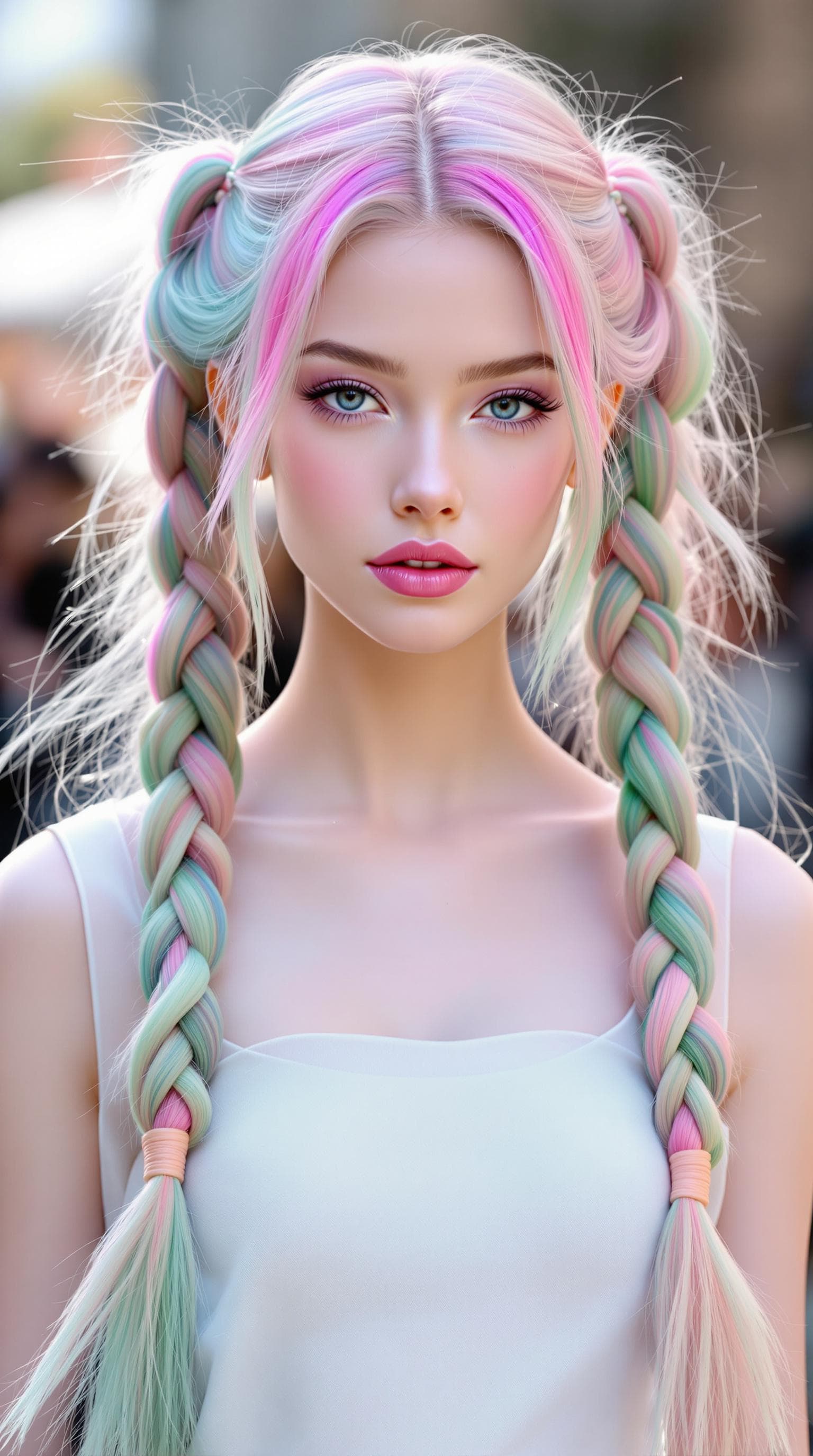 AI generated: Vogue Runway Model with long Pigtails in the style of candycore hair, pale skin and light pink lips ...