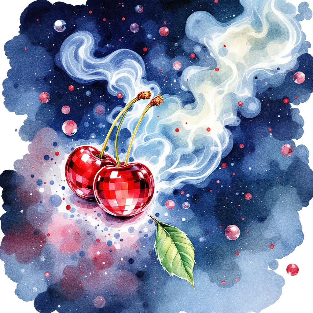 AI generated: glossy watercolor 2 red disco ball cherries on a connecting steam with leafs