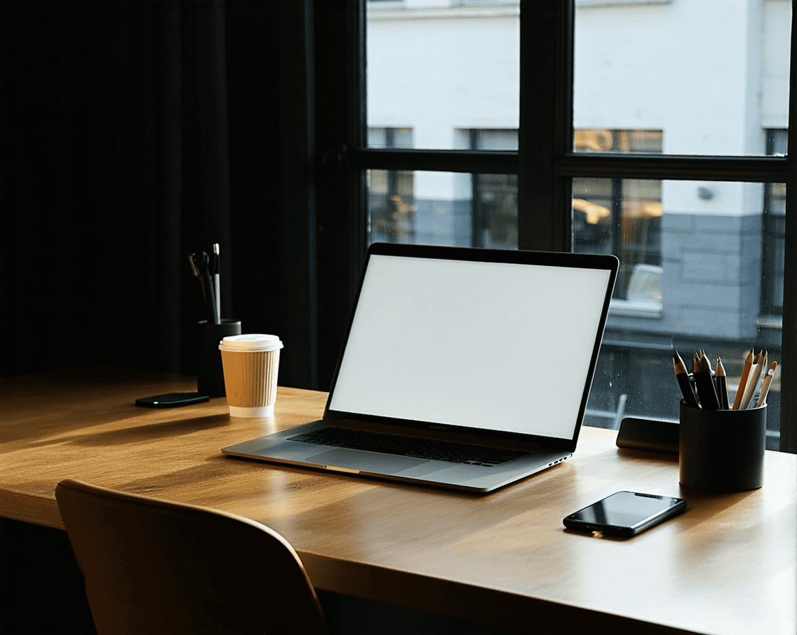 AI generated: A sleek, coffee shop workspace bathed in natural night light, featuring a modern desk setup with a l...