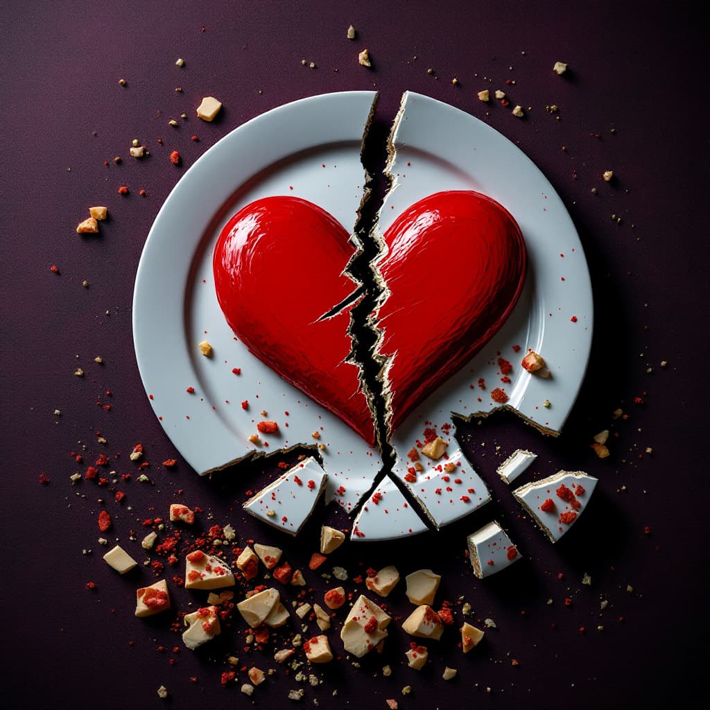 AI generated: a heavily broken plate with missing pieces, the pieces of the broken plate scattered on the floor. o...