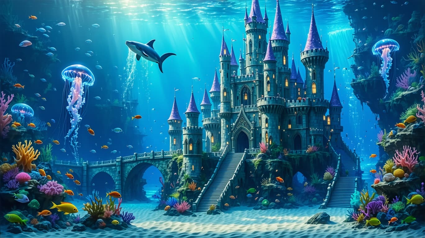 AI generated: Create a hyper realistic image of a ((Marvelous underwater kingdom, with intricately detailed ancien...