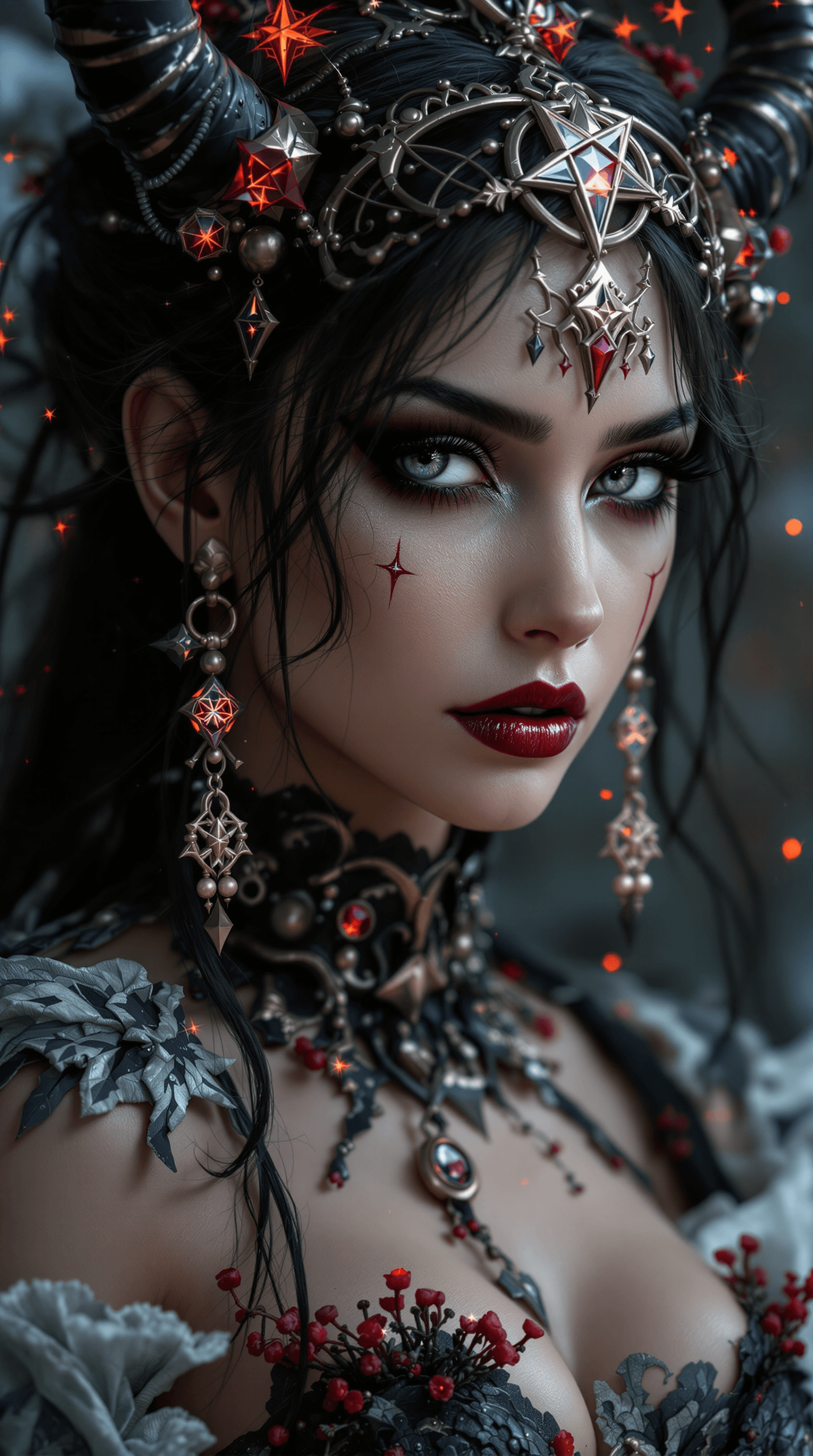AI generated: A photorealistic portrait of a woman with black eyes and red lipstick makeup, and makeup art, set in...