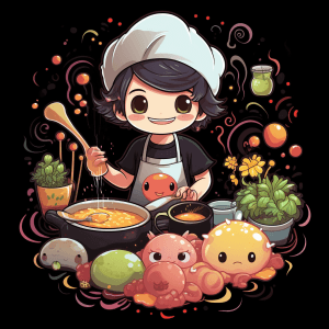 AI generated: T-shirt illustration, Prokaryotic style, anime chef, cooking a delicious meal, playful pastel decora...