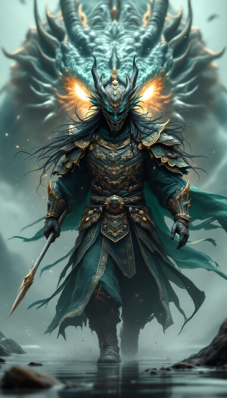 AI generated: An ultra-realistic, full-body frontal portrait of a formidable warrior holding a spear in his hand a...