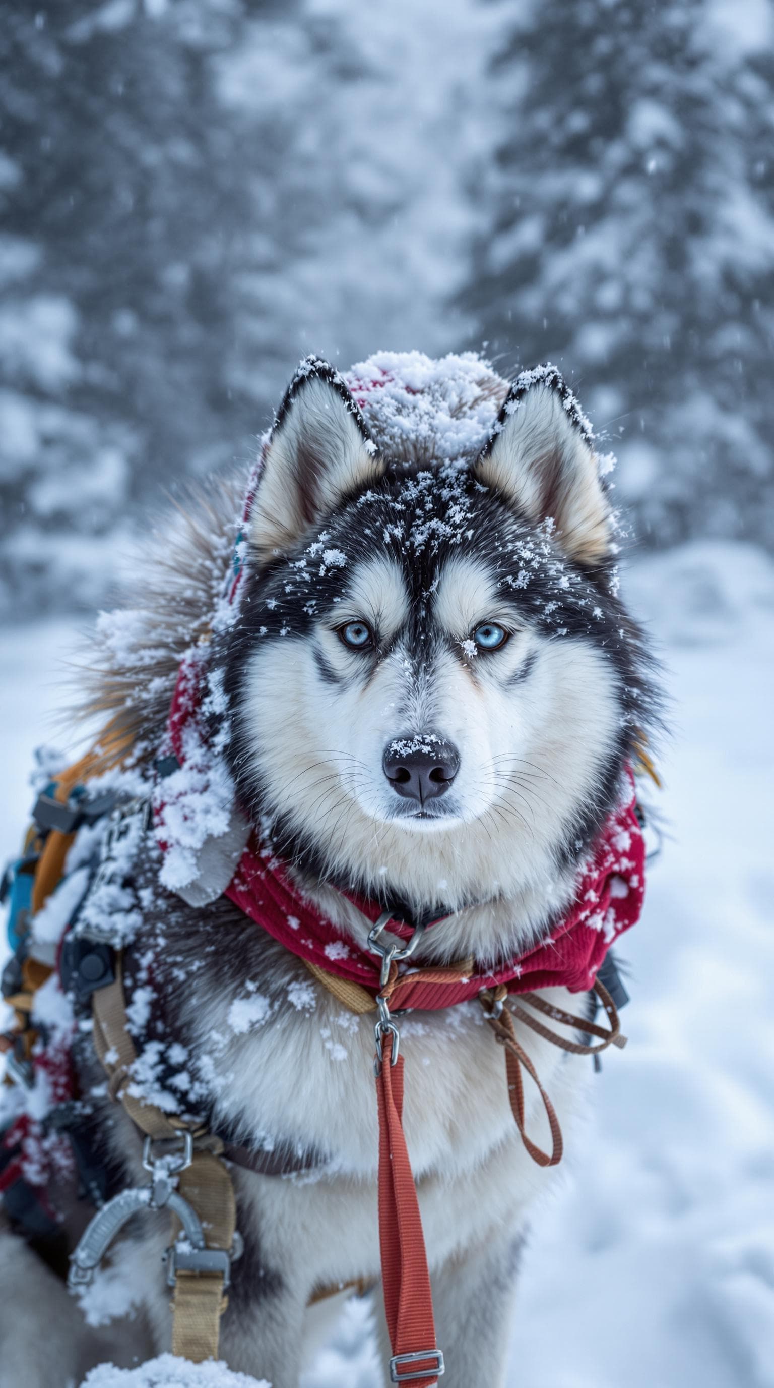 AI generated: A siberian husky dressed as an arctic Explorer, in the north pole during a heavy snow storm. 3D, HD