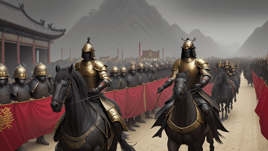 AI generated: Super realistic CG rendering of ancient China, in the distance to see a general riding a horse follo...