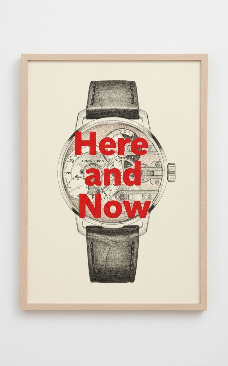 AI generated: die uhr ist gezeichnet vom künstler ed rusha mit Text 'Here and Now' in rot auf papier und eingerahm...