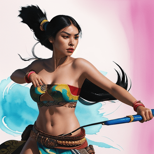 AI generated: A captivating and dynamic portrayal of Pocahontas as a fierce femme fatale, wielding a pair of intri...