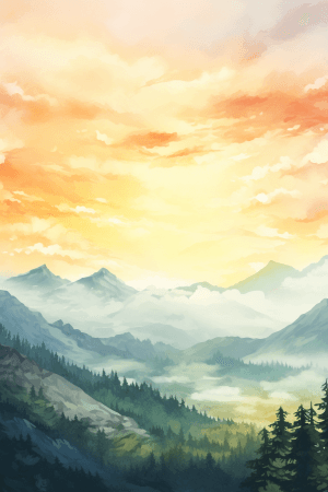 AI generated: Low Angle Shot of Sunrise in Mountain, Watercolor style, in Serene District, Vibrant paint, Intricat...
