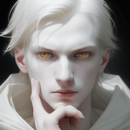 AI generated: close-up portrait of a man with pale skin and striking light yellow eyes, gaze to front, a matte whi...