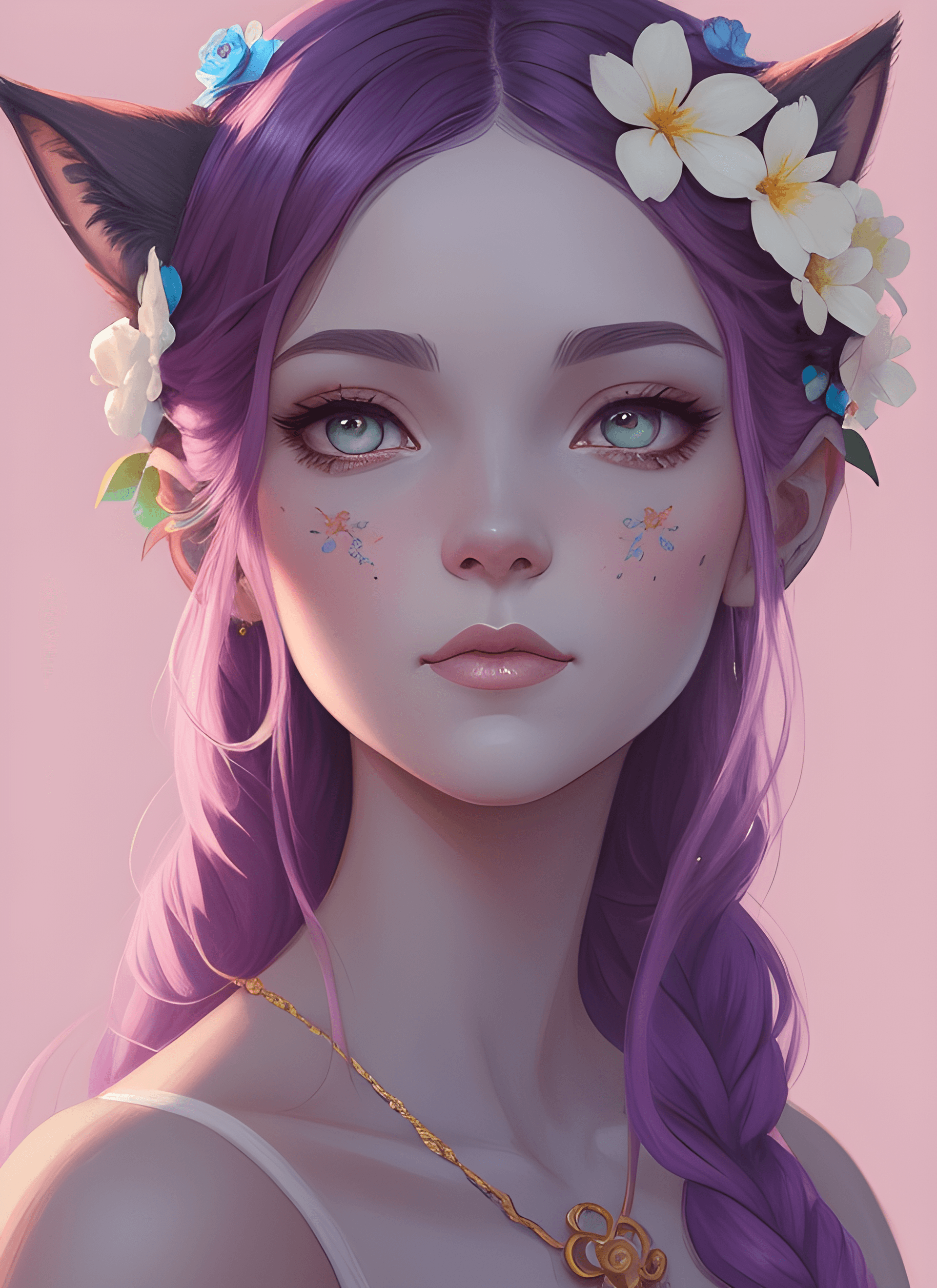 AI generated: a drawing of a woman with a cat face and a flower in her hair, inspired by loish, detailed digital p...