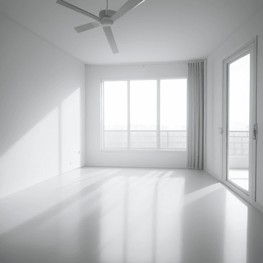 AI generated: a modern room , white , no furniture, large steel window, day light, camera angle 45 degree