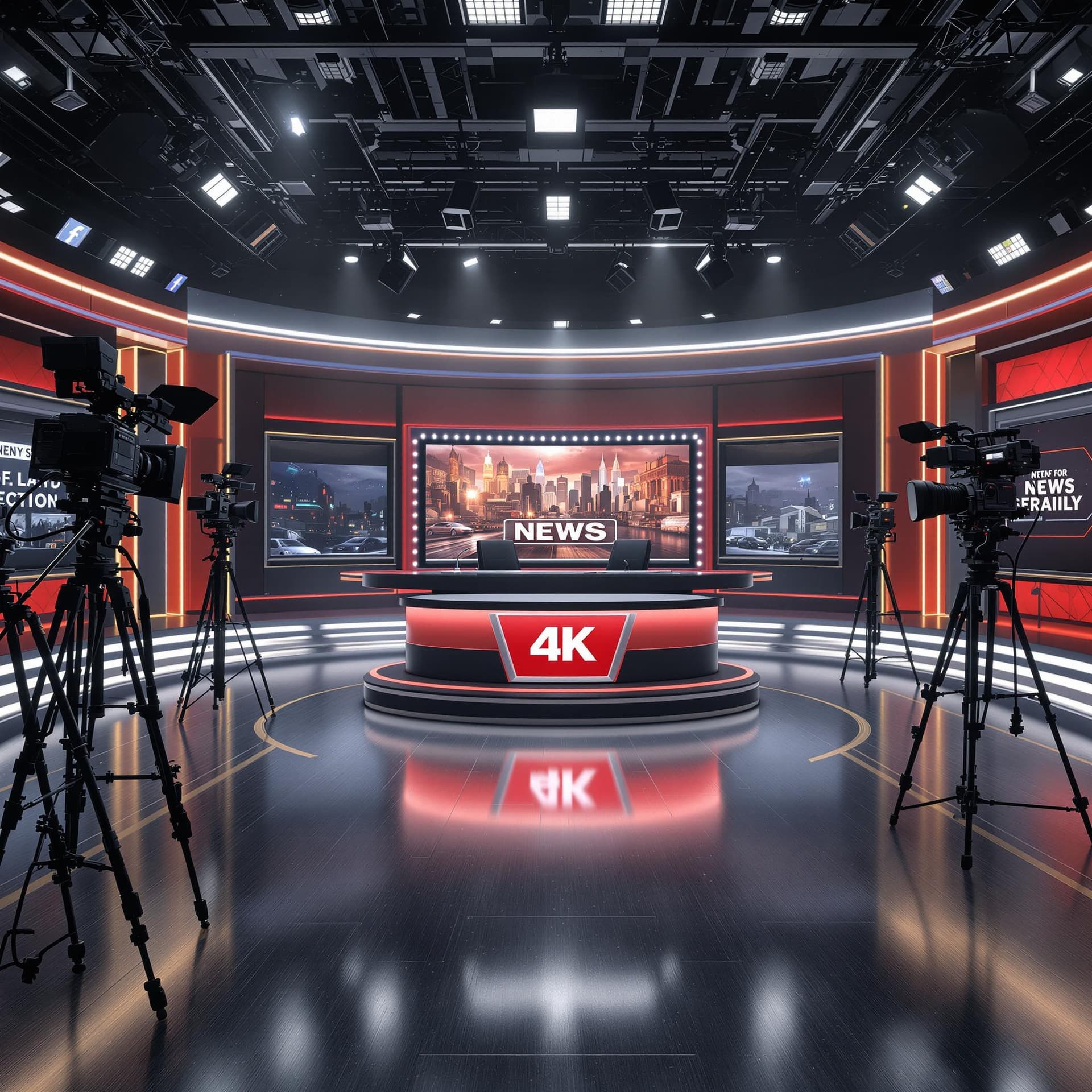 AI generated: EMPTY NEWSROOM WITH CAMERAS AND A NEWS REPORTING DESK IN THE CENTER, cinematic, hyper realism, high ...