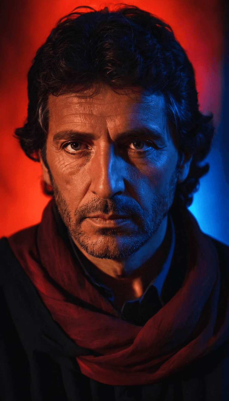 AI generated: fashion editorial, a portrait of old man is studio red and blue lights in style Alain Laboile, highr...