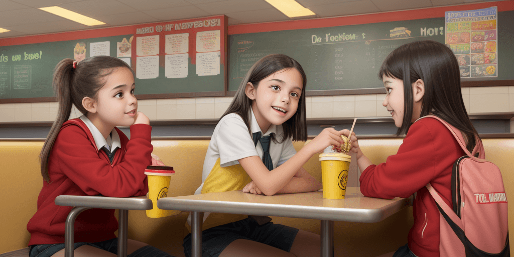 AI generated: create an image of two grade school students talking at a fast food restaurant