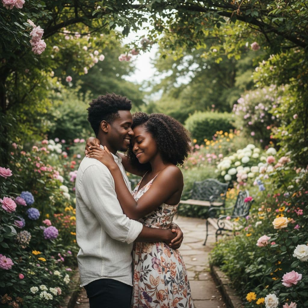 AI generated: loving black American couple 22 yrs in an embrace in the garden 