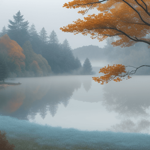 AI generated: foggy lake with tree and greens around it, blue tint, cold, fall season, realistic 
