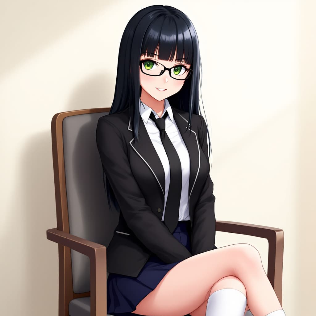 AI generated: anime, woman, black hair, long hair, straight bangs, green eyes, black glasses, red lips, white shir...