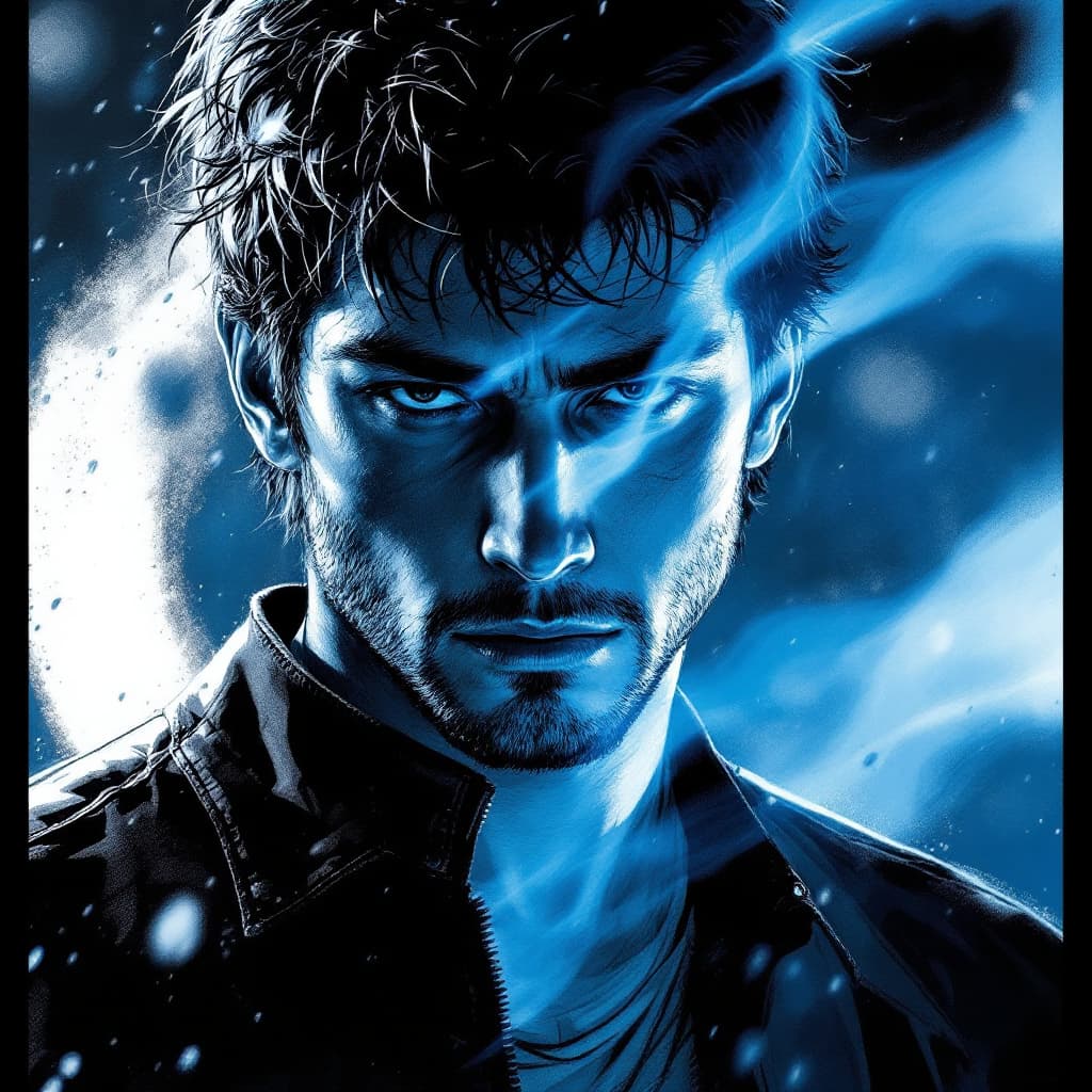 AI generated: movie poster, male character in black, white and blue, in the style of yoh nagao, light-focused --ar...