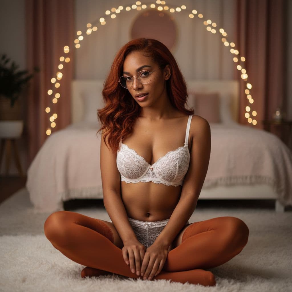 AI generated: "The image shows Hana sitting on a white furry rug with string lights hanging above her head. She is...