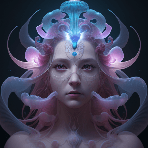 AI generated: Goddess close-up portrait ribcagel. jellyfish phoenix head, nautilus, orchid, skull, betta fish, bio...