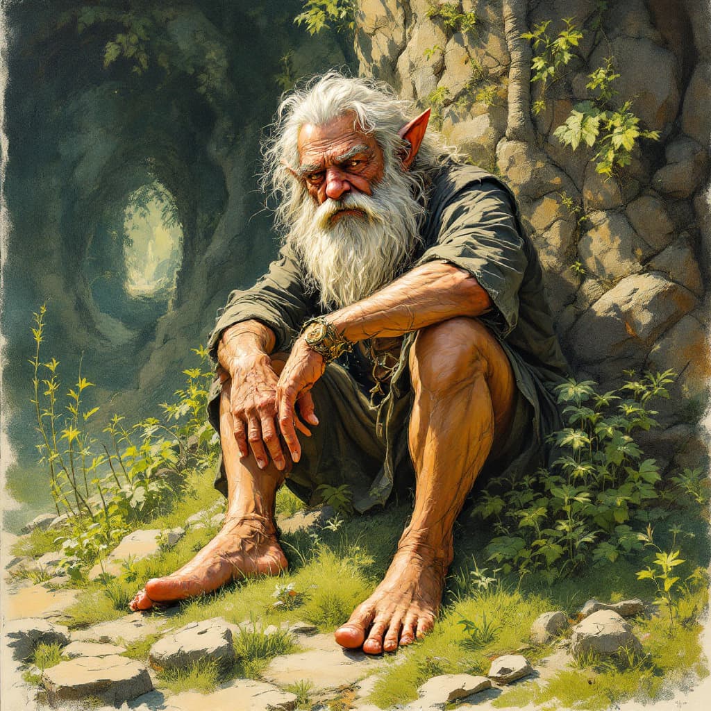 AI generated: dibujo de un hobbit de el señor de los anillos de pie, con los pies descalzos sobre la hierba