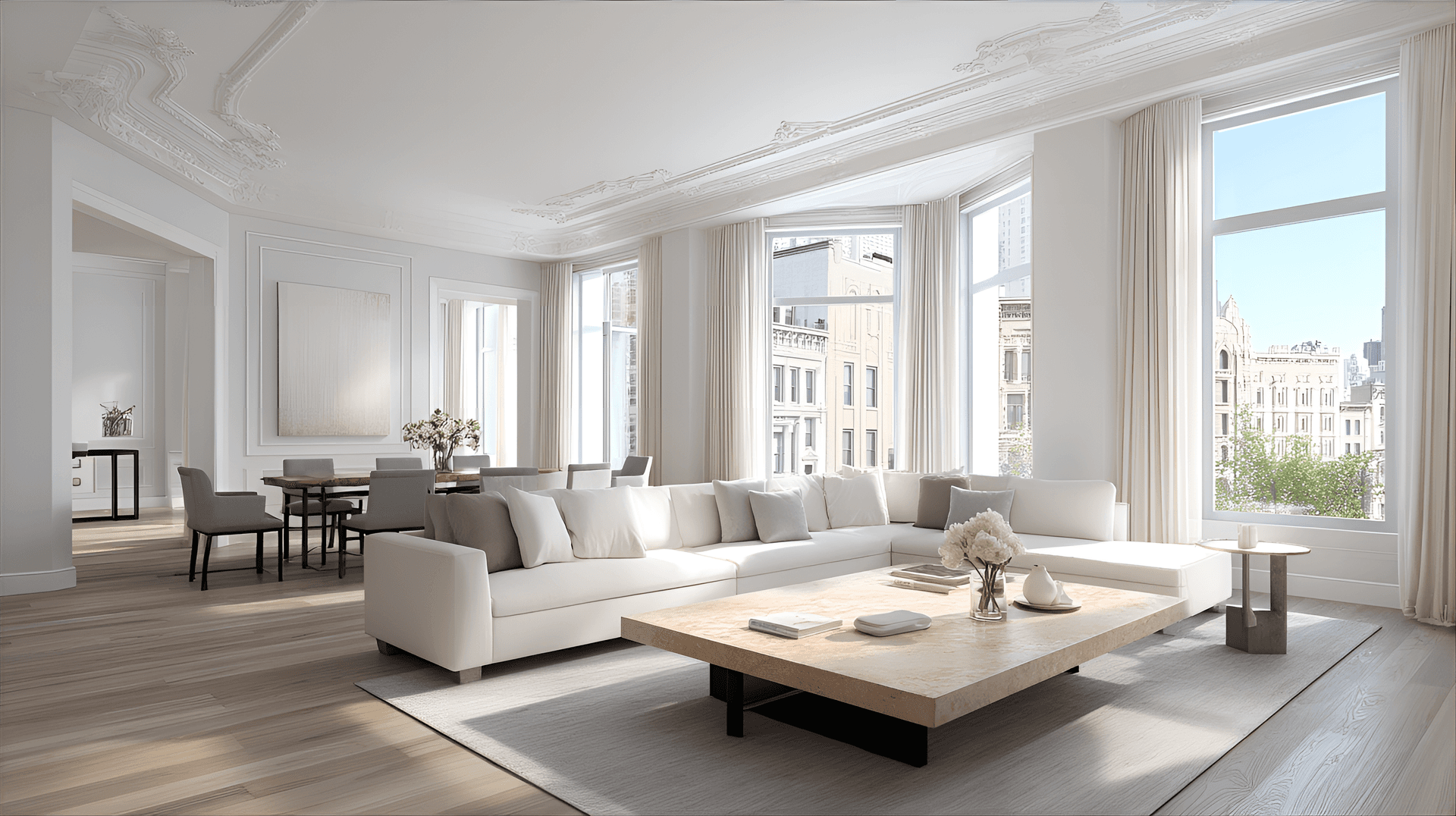 AI generated: Spacious, sun-drenched living room, minimalist interior design,  large windows, white walls, light-t...
