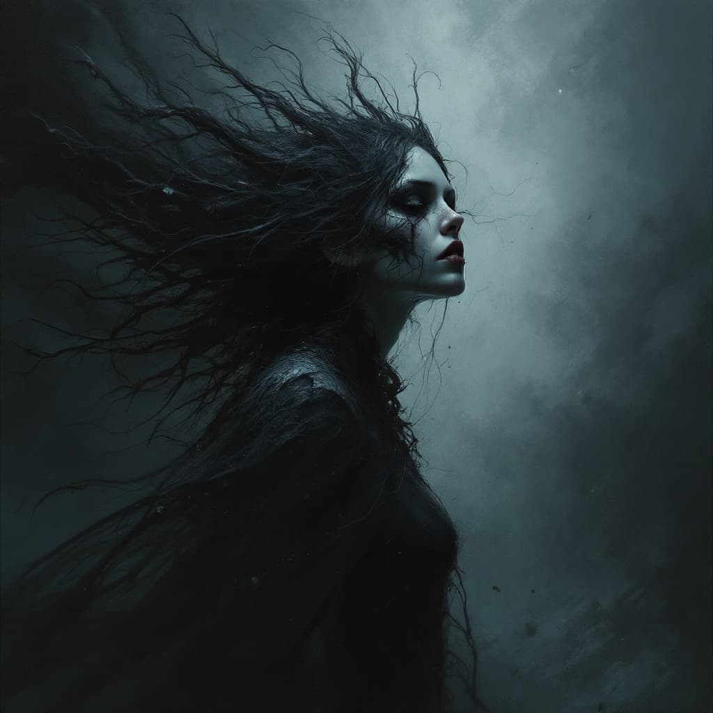 AI generated: unholy, brutal composition, gloomy,  girl,intense dark tones, horror, stunning, masterpiece, dramati...