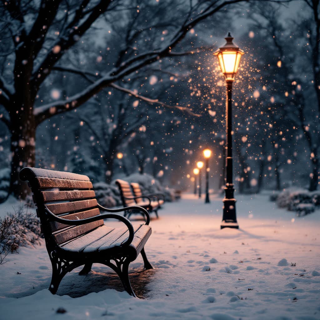 AI generated: Bench, with street lamp illuminating, in park, while snow falls, cover, detailed 4k, the bench has t...