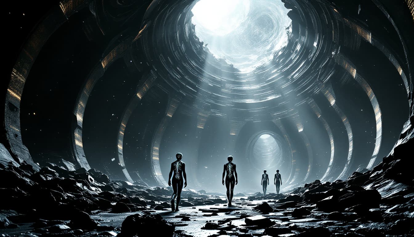 AI generated: 3D rendering, from a low wide-angle camera perspective emphasizing dramatic three-dimensional depth,...