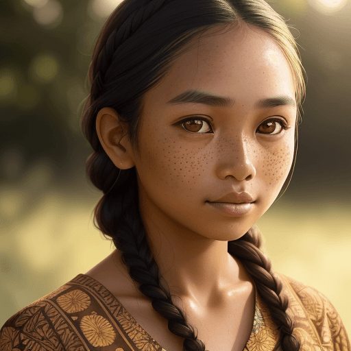 AI generated: A close-up portrait of a young indonesian woman with contemplative brown eyes and a side braid. Her ...