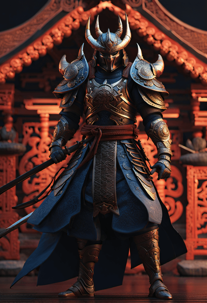 AI generated: japanese devil samurai standing majestically with kitana, highly detailed, intricate details, symmet...