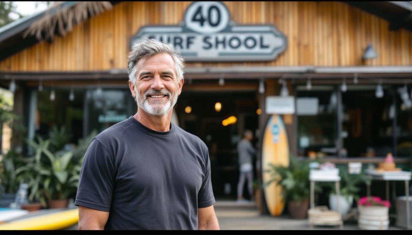 AI generated: A surf school owner, that is a 40 year old surfer, in front of his surf school.