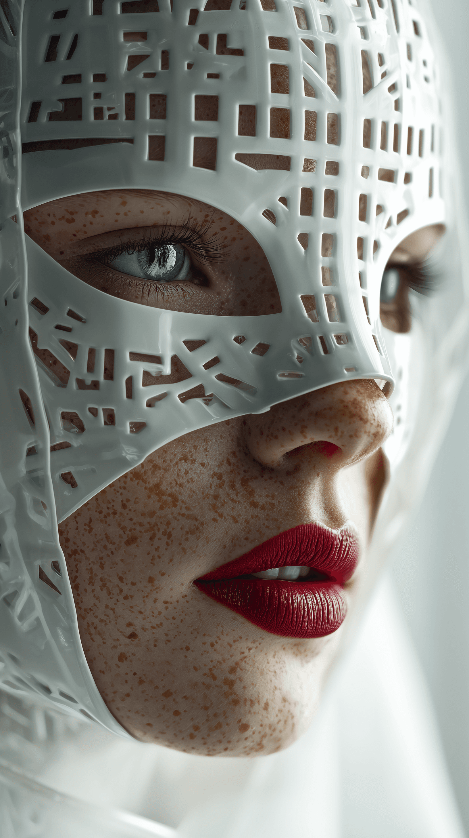 AI generated: A portrait of a beautiful woman with freckles, pale skin and red lips, wearing a white plastic mask ...