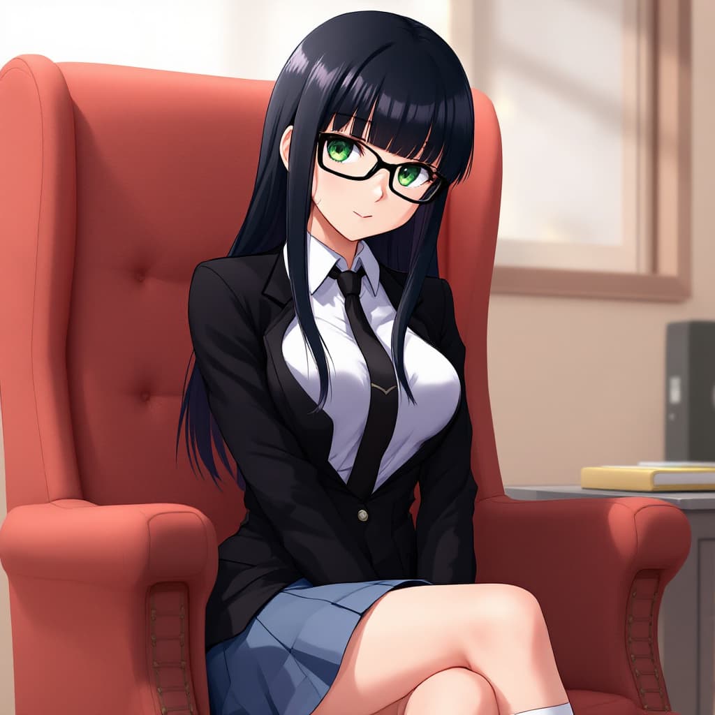AI generated: anime, woman, black hair, long hair, straight bangs, green eyes, black glasses, white shirt, black t...