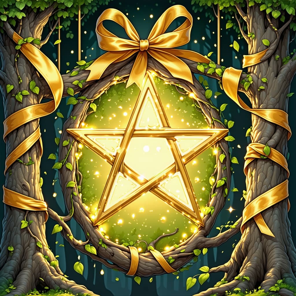 AI generated: 4 gold pentacles wrapped in gold ribbon  tree vines wood branches extra detailed 