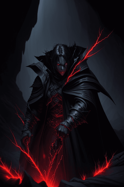 AI generated: breathtaking concept art ((legendary dark mage lord)), black coat. (cave scenery), dark atmosphere, ...
