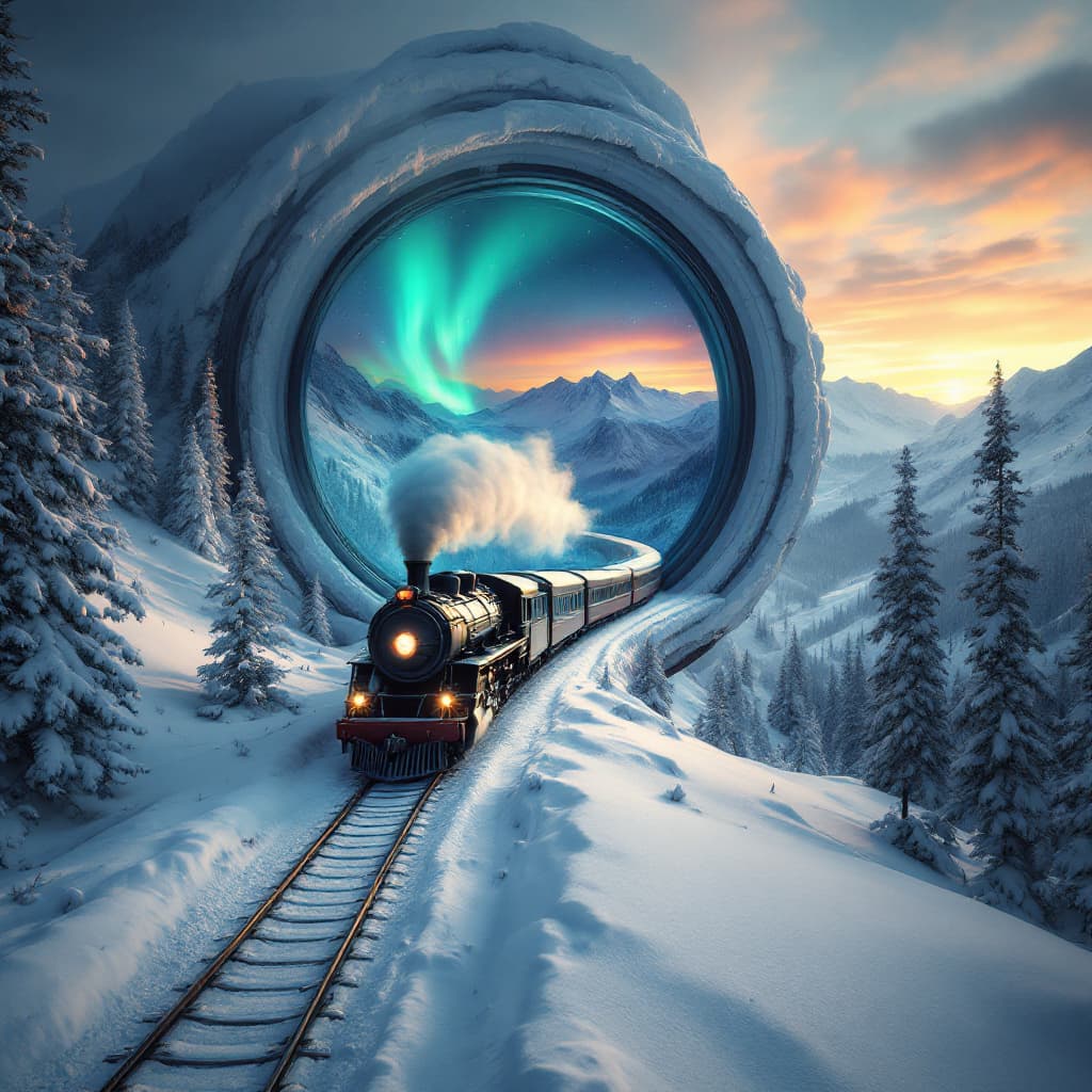 AI generated: Large, snow-covered camera lens encompassing a winter landscape.  Inside the lens, a steam train tra...