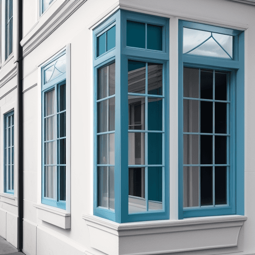 AI generated: photo of a aesthetic corner window from outside the building with a color combination of blue white