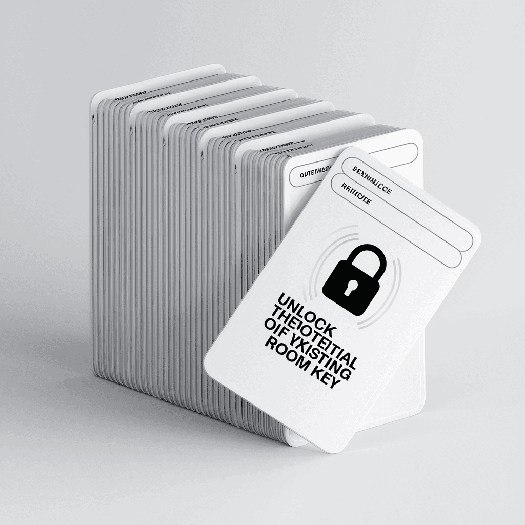 AI generated: **"A structured, clean stack of ultra-thin, glossy RFID hotel room key cards, arranged in a perfect ...