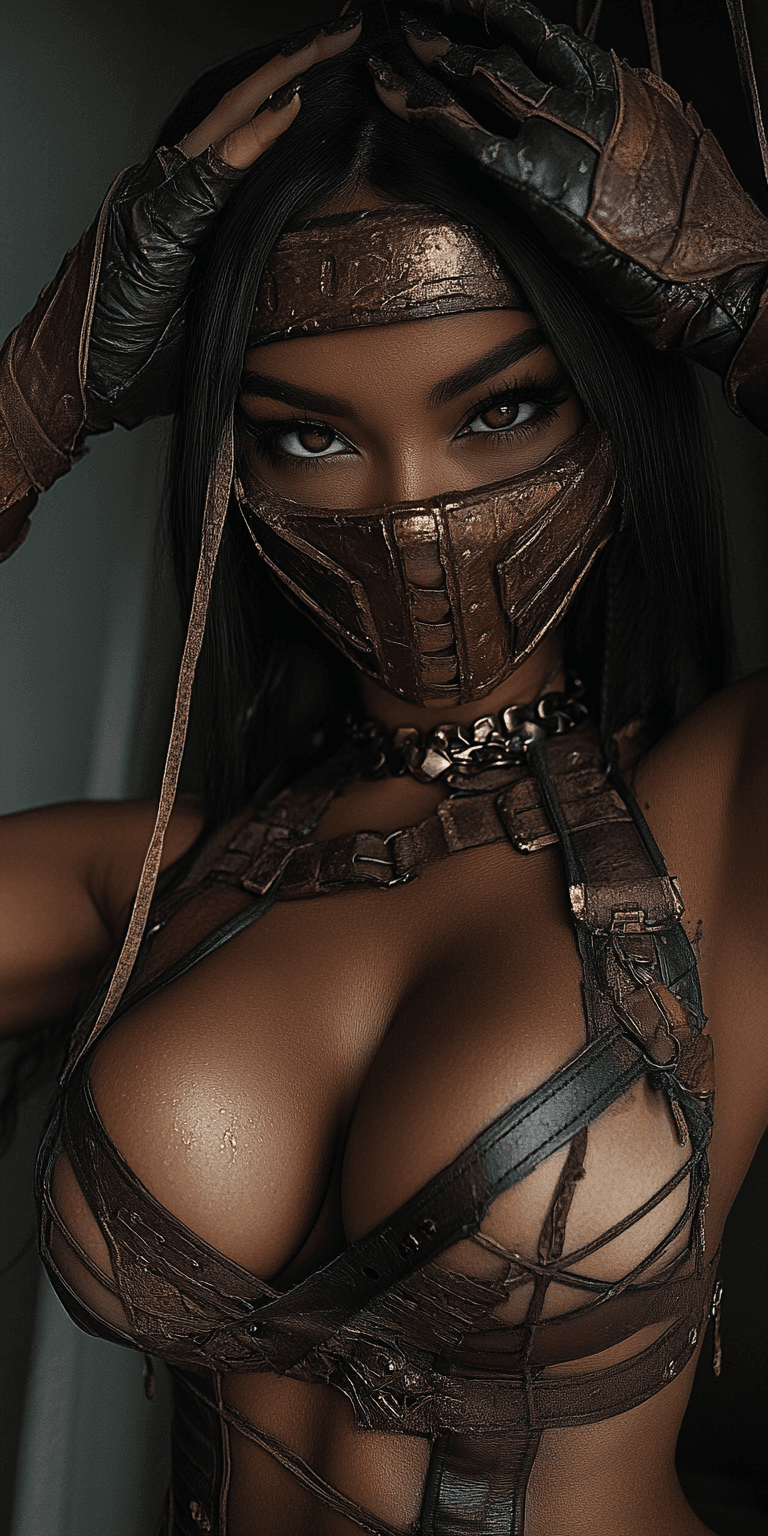 AI generated: A striking female figure with an athletic build is adorned in intricate brown leather armor that hug...