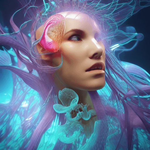 AI generated: Goddess close-up portrait ribcagel. jellyfish phoenix head, nautilus, orchid, skull, betta fish, bio...