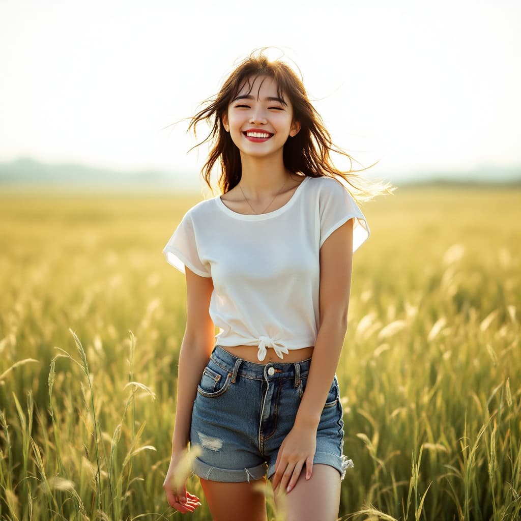 AI generated: Photographie du corps entier d'une fille asiatique, portant un haut blanc à manches courtes et un sh...