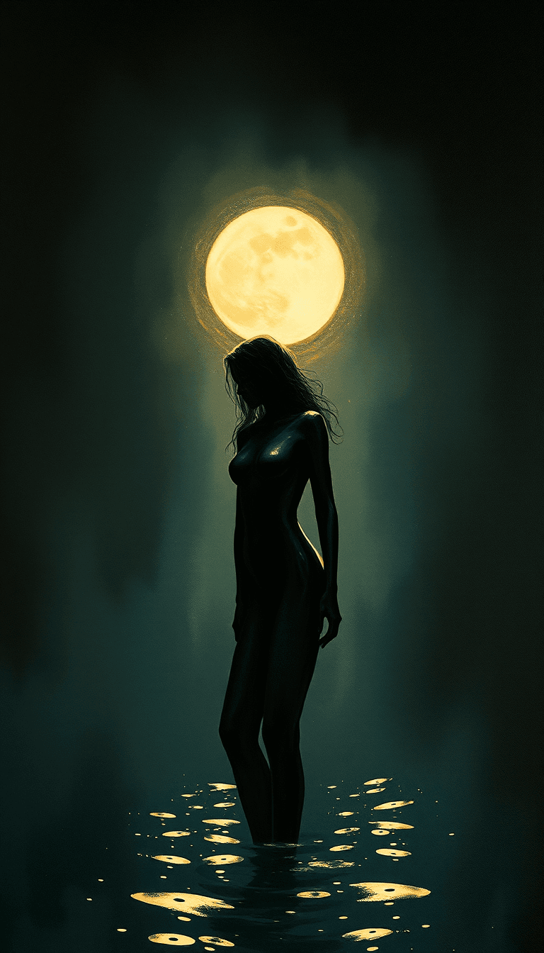 AI generated: A woman shrouded in mystery, her slender form a dark silhouette against a backdrop of inky shadows, ...