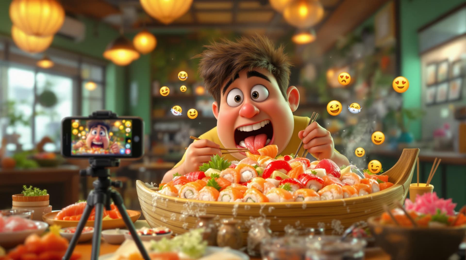 AI generated: A young man with exaggerated, expressive Pixar-style features, devouring sushi rolls at high speed f...